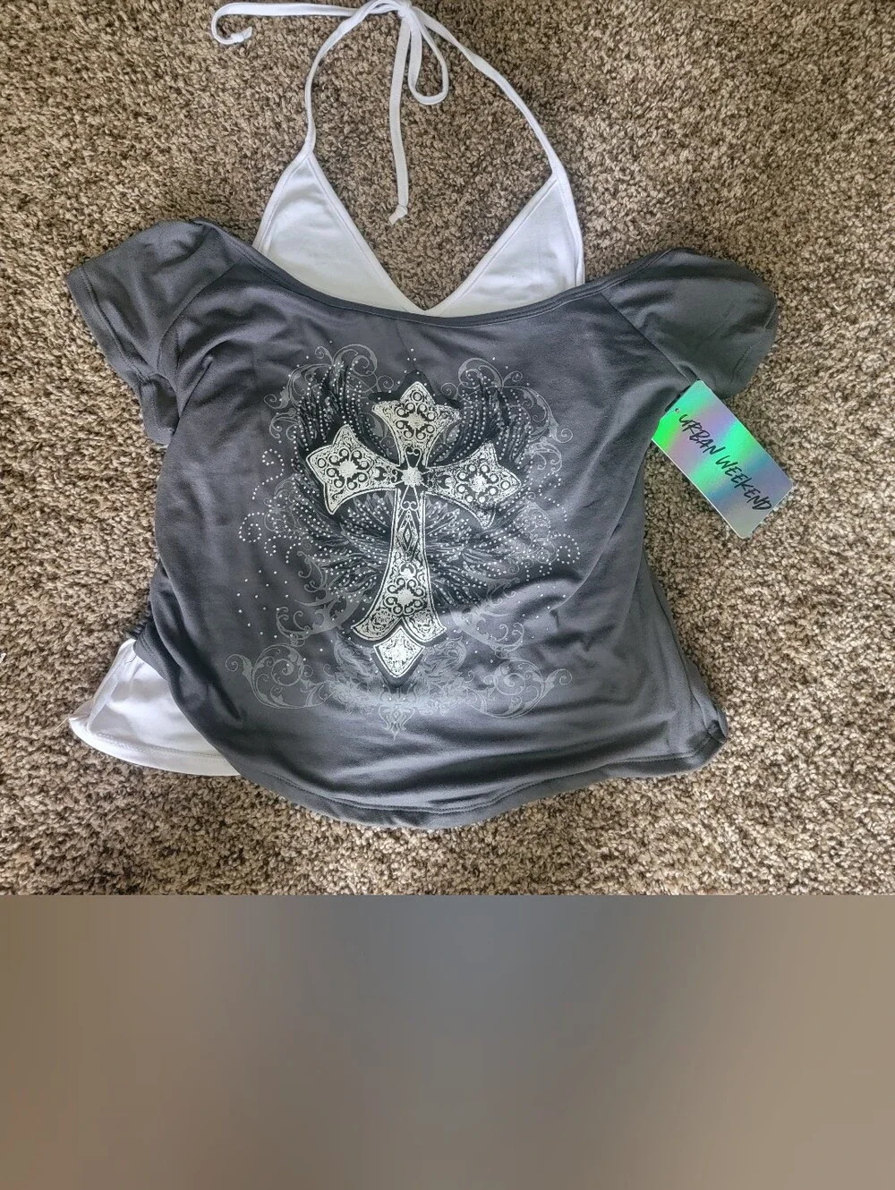 Gray Graphic Cross Off-Shoulder Juniors Top - New W Tag